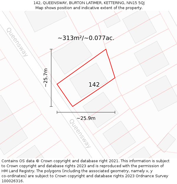 142, QUEENSWAY, BURTON LATIMER, KETTERING, NN15 5QJ: Plot and title map