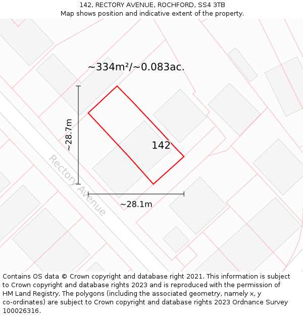142, RECTORY AVENUE, ROCHFORD, SS4 3TB: Plot and title map