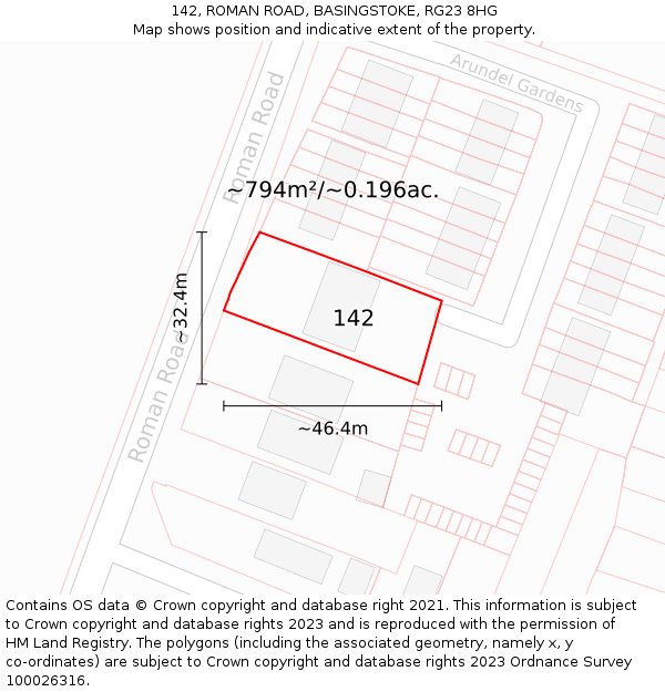 142, ROMAN ROAD, BASINGSTOKE, RG23 8HG: Plot and title map