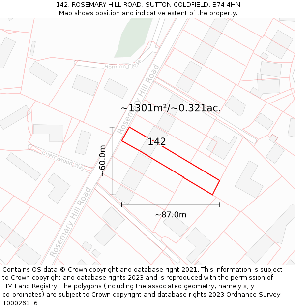 142, ROSEMARY HILL ROAD, SUTTON COLDFIELD, B74 4HN: Plot and title map