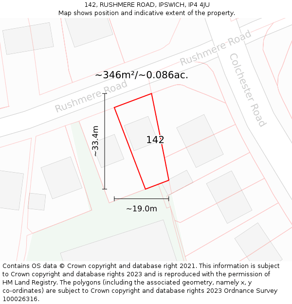 142, RUSHMERE ROAD, IPSWICH, IP4 4JU: Plot and title map