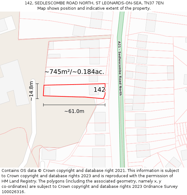 142, SEDLESCOMBE ROAD NORTH, ST LEONARDS-ON-SEA, TN37 7EN: Plot and title map
