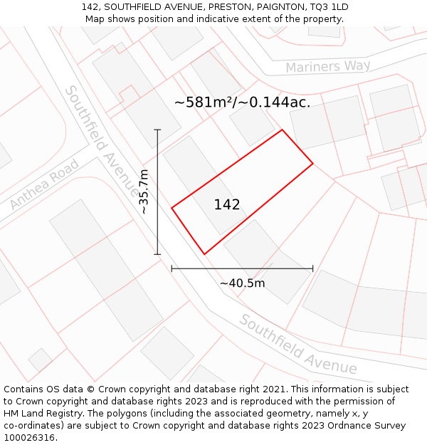 142, SOUTHFIELD AVENUE, PRESTON, PAIGNTON, TQ3 1LD: Plot and title map