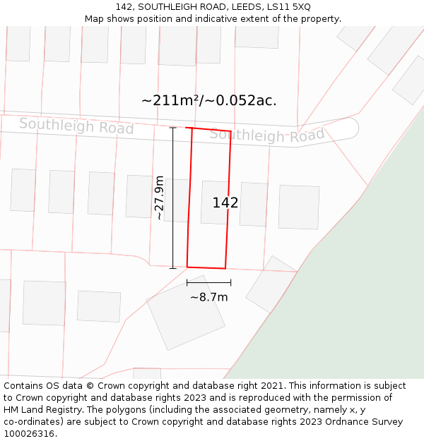 142, SOUTHLEIGH ROAD, LEEDS, LS11 5XQ: Plot and title map