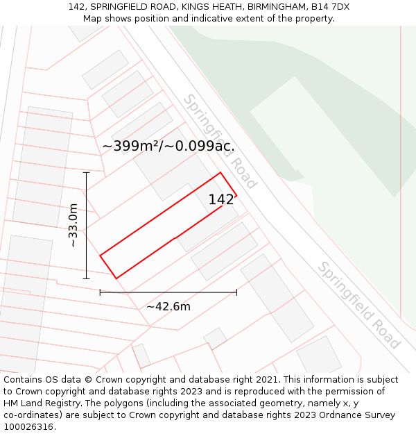 142, SPRINGFIELD ROAD, KINGS HEATH, BIRMINGHAM, B14 7DX: Plot and title map