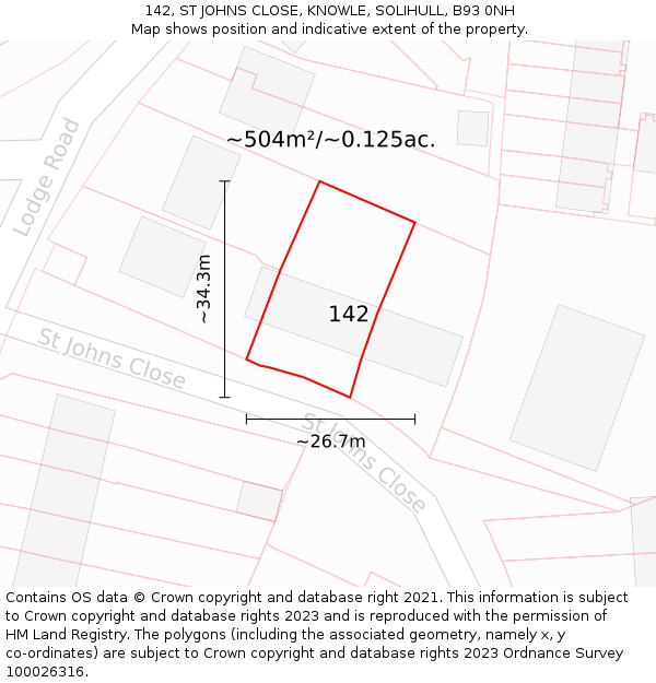 142, ST JOHNS CLOSE, KNOWLE, SOLIHULL, B93 0NH: Plot and title map