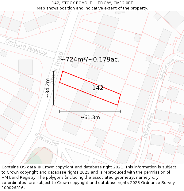142, STOCK ROAD, BILLERICAY, CM12 0RT: Plot and title map