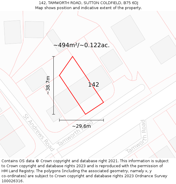 142, TAMWORTH ROAD, SUTTON COLDFIELD, B75 6DJ: Plot and title map