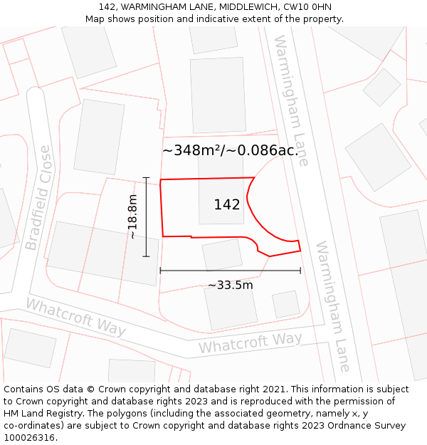 142, WARMINGHAM LANE, MIDDLEWICH, CW10 0HN: Plot and title map