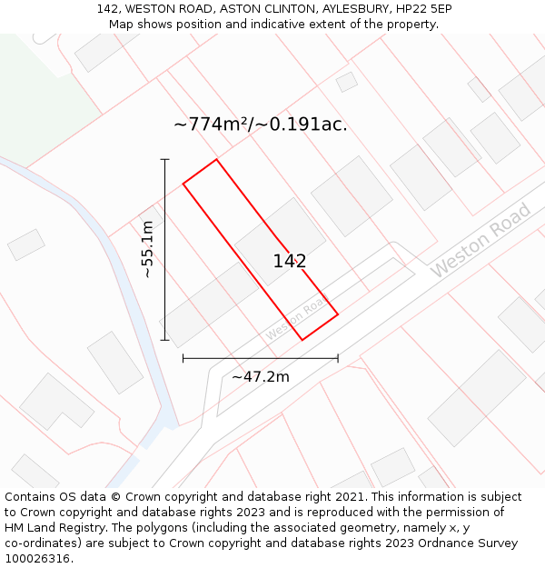 142, WESTON ROAD, ASTON CLINTON, AYLESBURY, HP22 5EP: Plot and title map