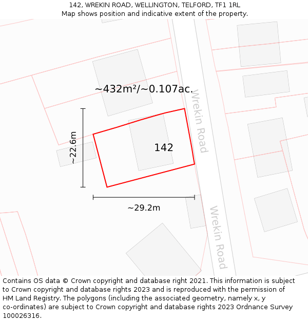 142, WREKIN ROAD, WELLINGTON, TELFORD, TF1 1RL: Plot and title map