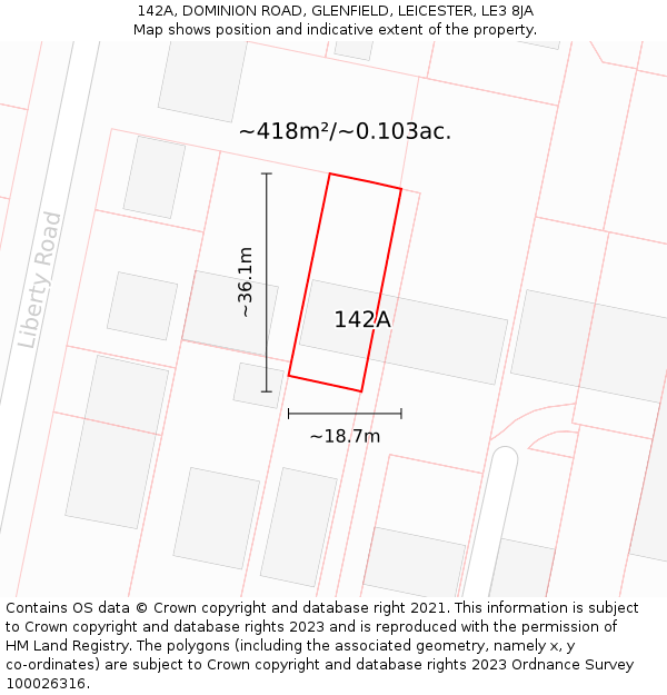 142A, DOMINION ROAD, GLENFIELD, LEICESTER, LE3 8JA: Plot and title map