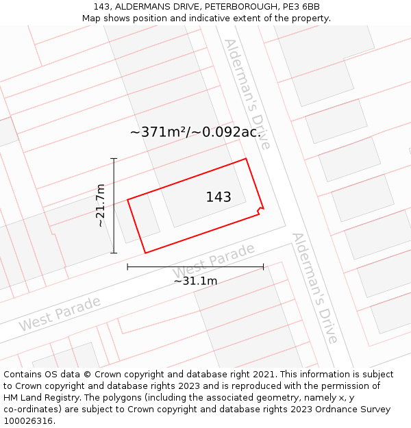 143, ALDERMANS DRIVE, PETERBOROUGH, PE3 6BB: Plot and title map