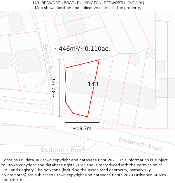 143, BEDWORTH ROAD, BULKINGTON, BEDWORTH, CV12 9LJ: Plot and title map