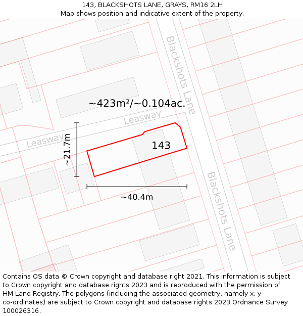 143, BLACKSHOTS LANE, GRAYS, RM16 2LH: Plot and title map