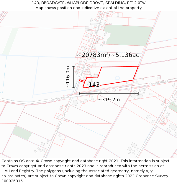 143, BROADGATE, WHAPLODE DROVE, SPALDING, PE12 0TW: Plot and title map