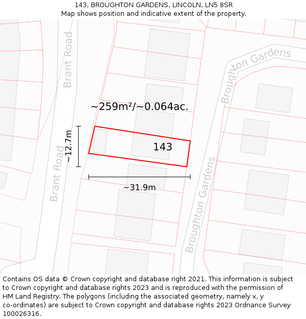 143, BROUGHTON GARDENS, LINCOLN, LN5 8SR: Plot and title map