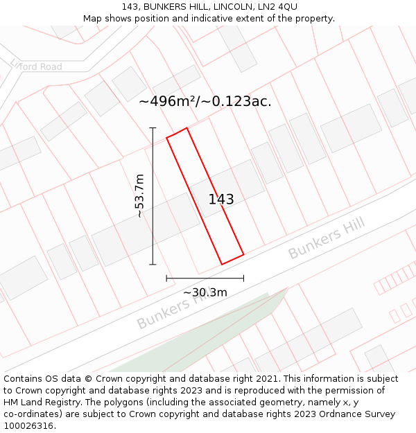 143, BUNKERS HILL, LINCOLN, LN2 4QU: Plot and title map