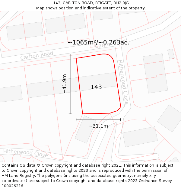 143, CARLTON ROAD, REIGATE, RH2 0JG: Plot and title map