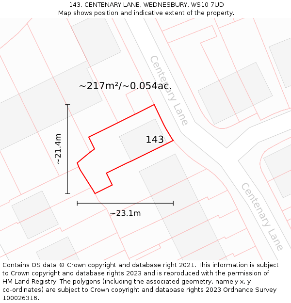 143, CENTENARY LANE, WEDNESBURY, WS10 7UD: Plot and title map