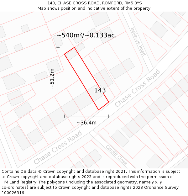 143, CHASE CROSS ROAD, ROMFORD, RM5 3YS: Plot and title map