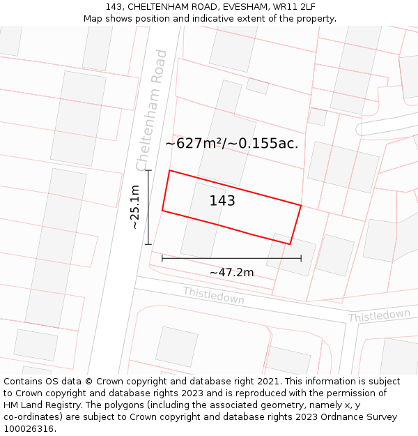 143, CHELTENHAM ROAD, EVESHAM, WR11 2LF: Plot and title map
