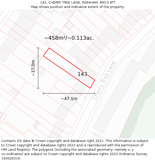 143, CHERRY TREE LANE, RAINHAM, RM13 8TT: Plot and title map