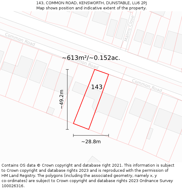 143, COMMON ROAD, KENSWORTH, DUNSTABLE, LU6 2PJ: Plot and title map