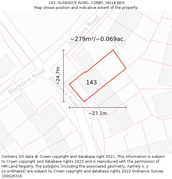 143, DUNNOCK ROAD, CORBY, NN18 8EN: Plot and title map