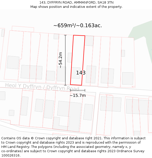 143, DYFFRYN ROAD, AMMANFORD, SA18 3TN: Plot and title map