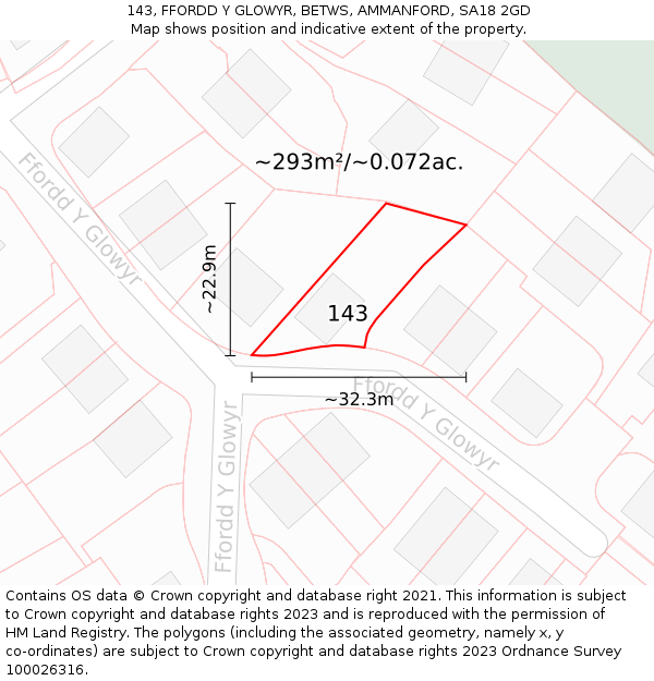 143, FFORDD Y GLOWYR, BETWS, AMMANFORD, SA18 2GD: Plot and title map