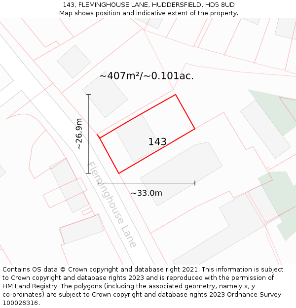 143, FLEMINGHOUSE LANE, HUDDERSFIELD, HD5 8UD: Plot and title map