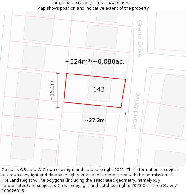 143, GRAND DRIVE, HERNE BAY, CT6 8HU: Plot and title map