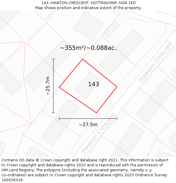 143, HAWTON CRESCENT, NOTTINGHAM, NG8 1ED: Plot and title map