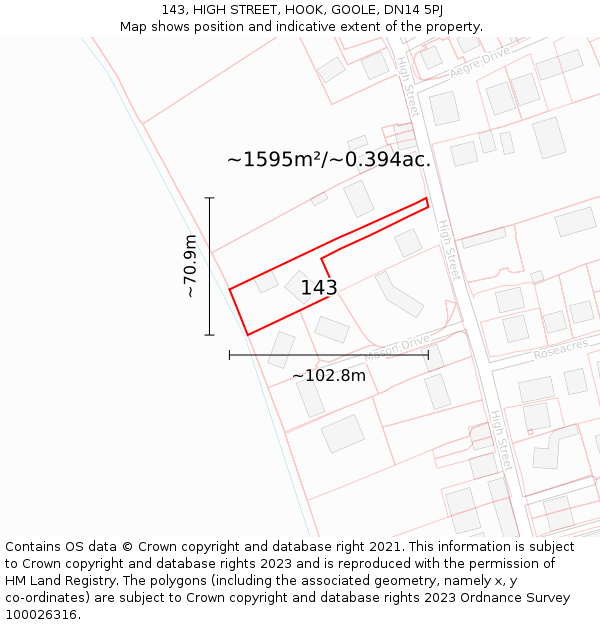 143, HIGH STREET, HOOK, GOOLE, DN14 5PJ: Plot and title map