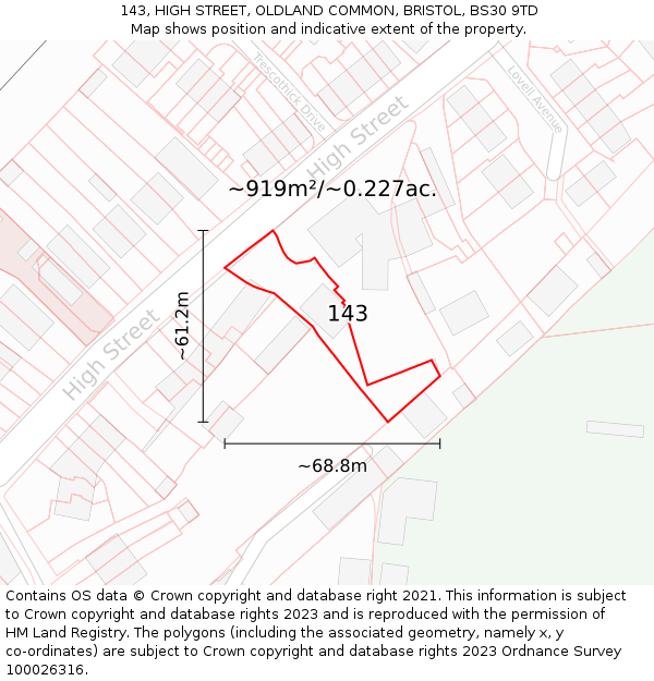 143, HIGH STREET, OLDLAND COMMON, BRISTOL, BS30 9TD: Plot and title map