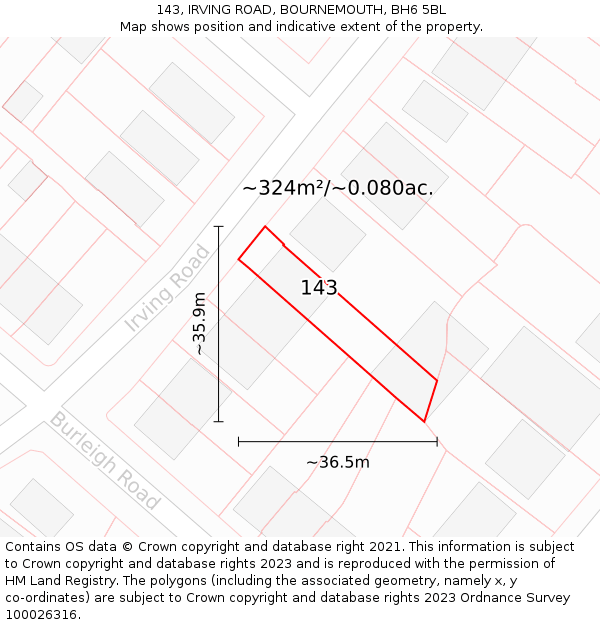 143, IRVING ROAD, BOURNEMOUTH, BH6 5BL: Plot and title map