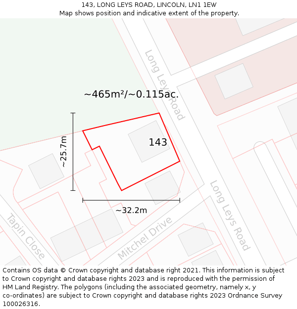 143, LONG LEYS ROAD, LINCOLN, LN1 1EW: Plot and title map
