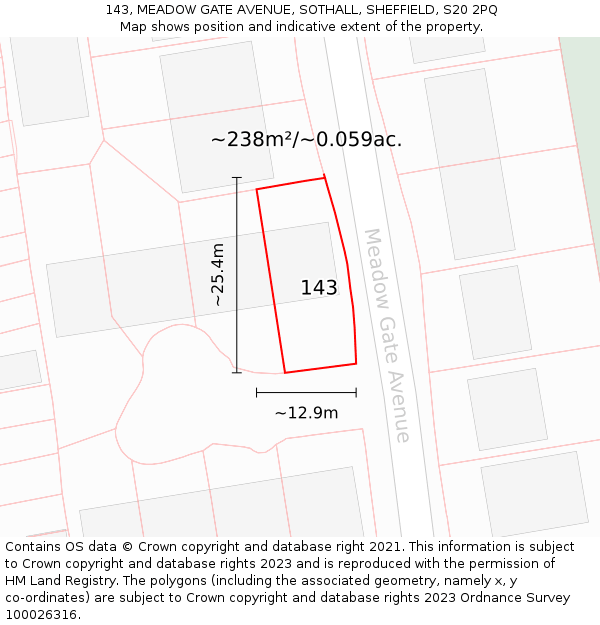 143, MEADOW GATE AVENUE, SOTHALL, SHEFFIELD, S20 2PQ: Plot and title map