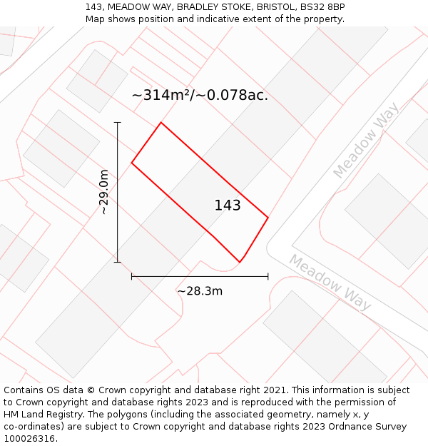 143, MEADOW WAY, BRADLEY STOKE, BRISTOL, BS32 8BP: Plot and title map