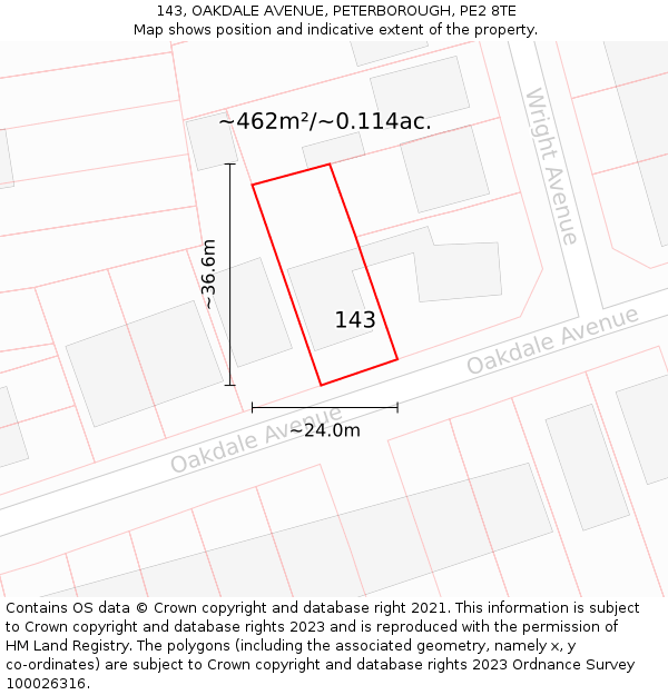 143, OAKDALE AVENUE, PETERBOROUGH, PE2 8TE: Plot and title map