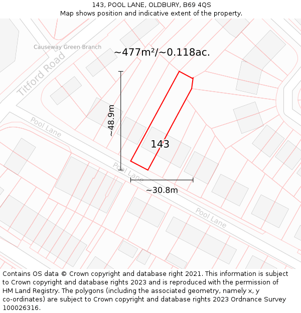 143, POOL LANE, OLDBURY, B69 4QS: Plot and title map