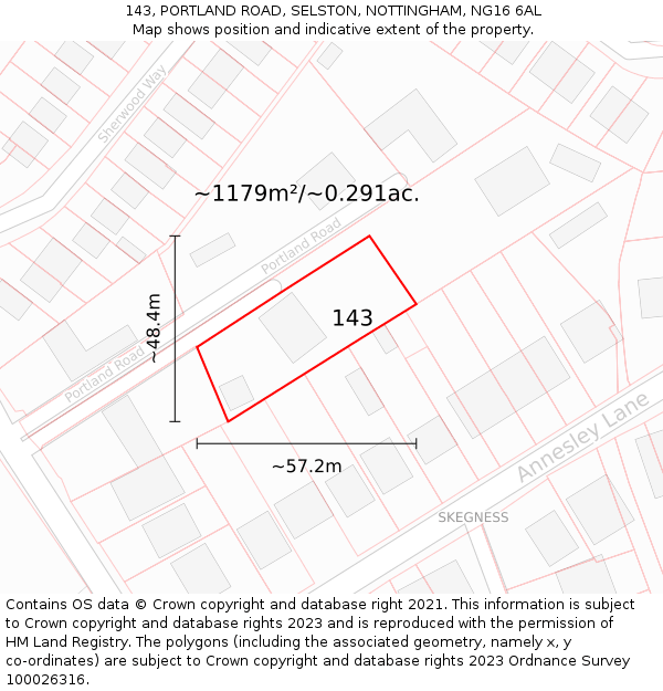 143, PORTLAND ROAD, SELSTON, NOTTINGHAM, NG16 6AL: Plot and title map