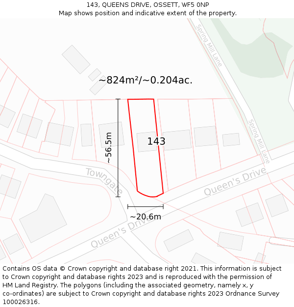 143, QUEENS DRIVE, OSSETT, WF5 0NP: Plot and title map