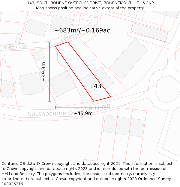 143, SOUTHBOURNE OVERCLIFF DRIVE, BOURNEMOUTH, BH6 3NP: Plot and title map