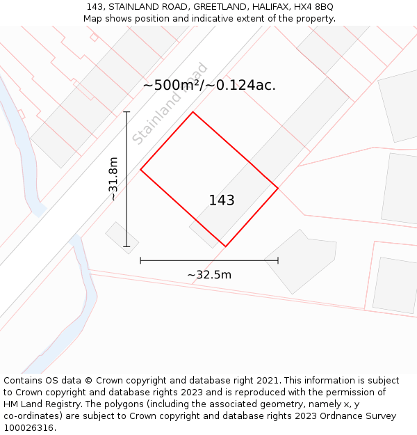 143, STAINLAND ROAD, GREETLAND, HALIFAX, HX4 8BQ: Plot and title map
