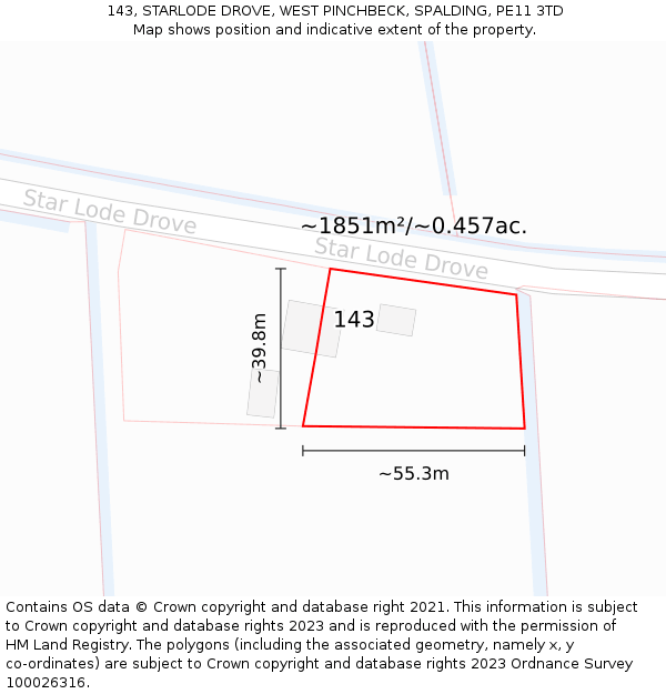 143, STARLODE DROVE, WEST PINCHBECK, SPALDING, PE11 3TD: Plot and title map