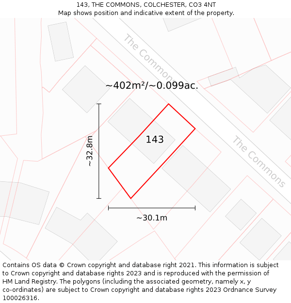 143, THE COMMONS, COLCHESTER, CO3 4NT: Plot and title map