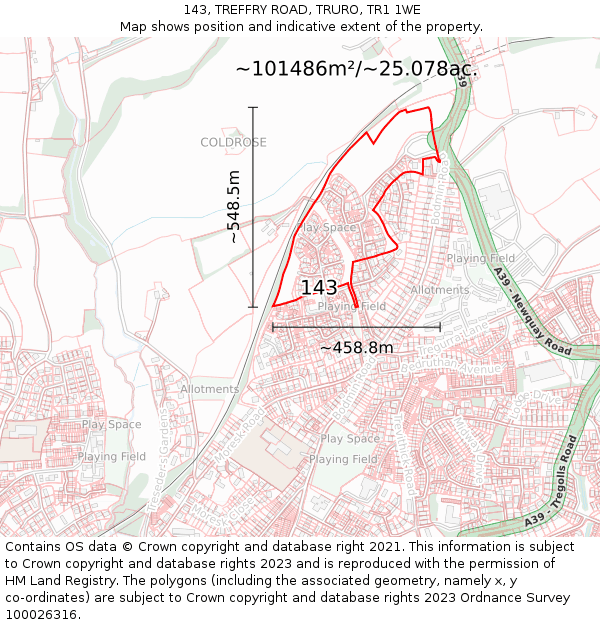 143, TREFFRY ROAD, TRURO, TR1 1WE: Plot and title map