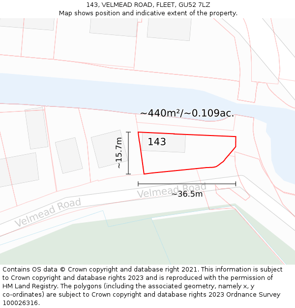 143, VELMEAD ROAD, FLEET, GU52 7LZ: Plot and title map